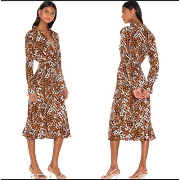 Equipment Relle Houndstooth Silk Midi Dress orange brown blue chic classic sz 4